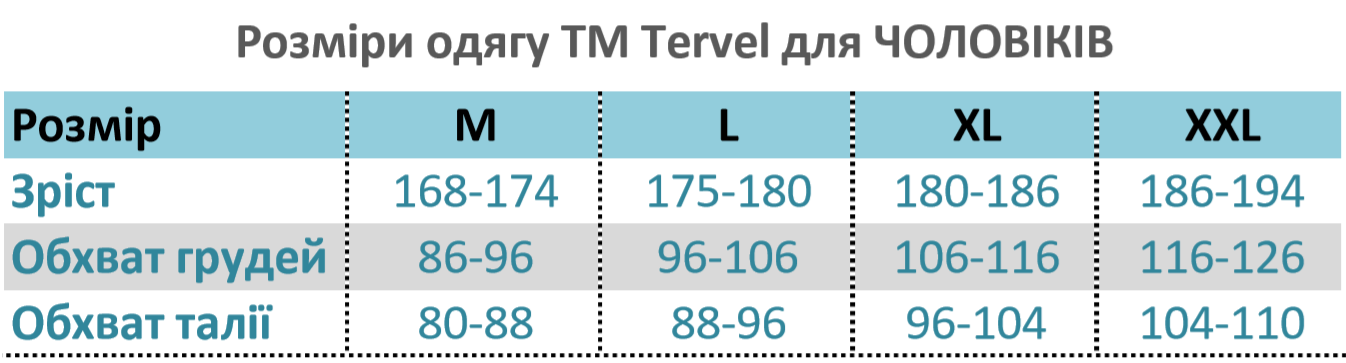 розміри термобілизни для бігу та спорту тервел